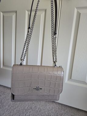 Coach Klare- Croc-Embossed Leather Chain Shoulder Bag in Silver/Stone